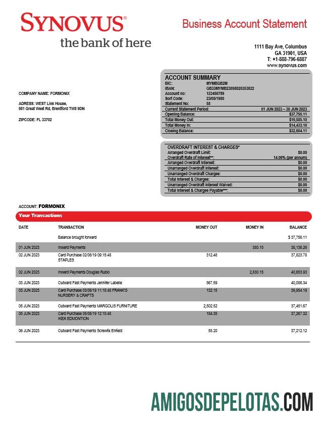 Em branco Synovus Bank Enterprise Statement modelo Word e PDF
